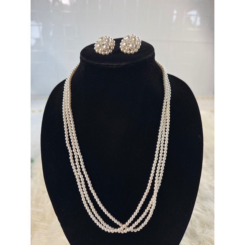 Vintage Japan Faux‎ Pearl Necklace Earring Set Triple Strand Cluster Clip On